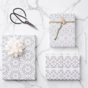 Grey & White Damask Floral Pattern Wrapping Paper Sheet