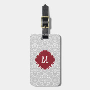Grey & White Damask Monogram Luggage Tag