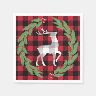 Grey White Deer Buffalo Plaid Holly Pine Berries Napkin