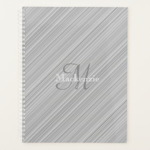 Grey White Diagonal Stripes Custom Monogram Name Planner