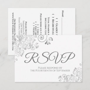 Grey & White Elegant Silver Lace Wedding RSVP Card