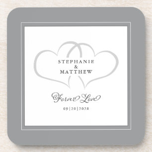Grey & White Elegant Wedding Hearts Forever Love Coaster