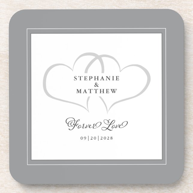 Grey & White Elegant Wedding Hearts Forever Love Coaster (Front)