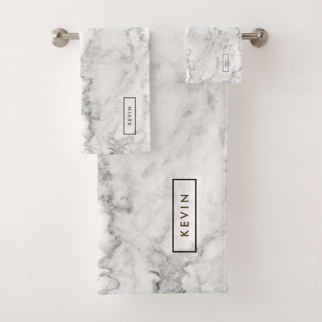 Grey & White Faux Marble Stone Bath Towel Set (Insitu)