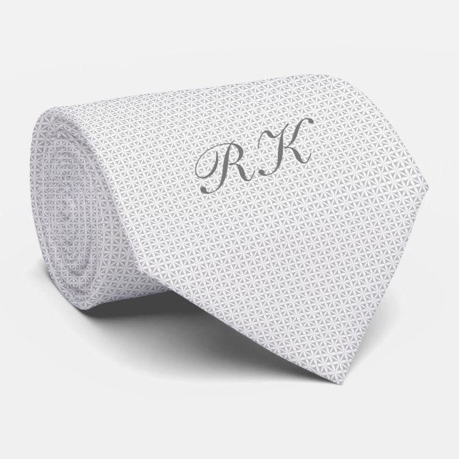 Grey & White Filigree Pattern with Monogram Tie (Rolled)