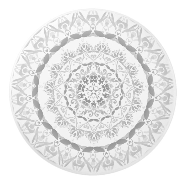 Grey White Floral  Damask Mandala Ceramic Knob (Front)