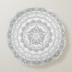 Grey White Floral Damask Mandala Round Cushion