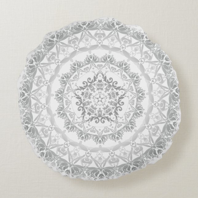 Grey White Floral Damask Mandala Round Cushion (Back)