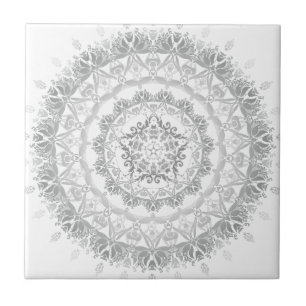 Grey White Floral Damask Mandala Tile