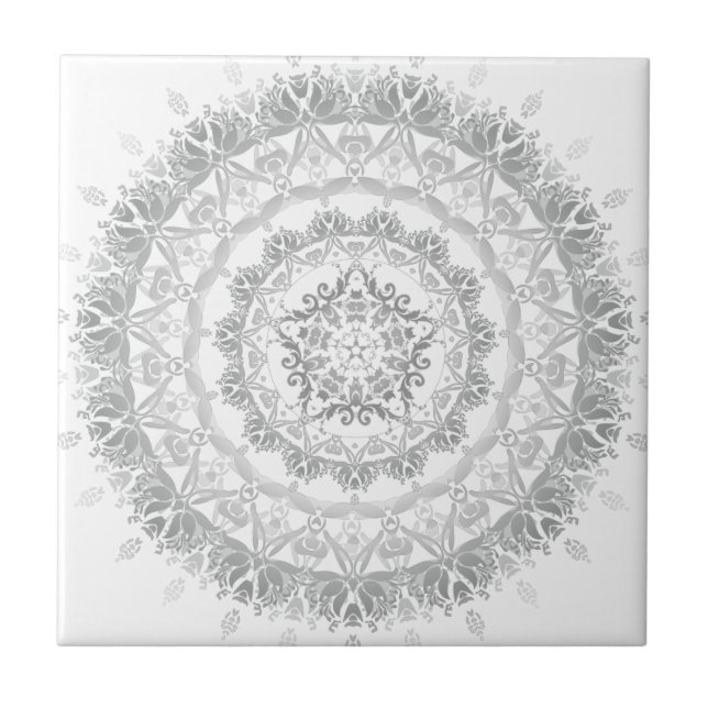 Grey White Floral Damask Mandala Tile (Front)