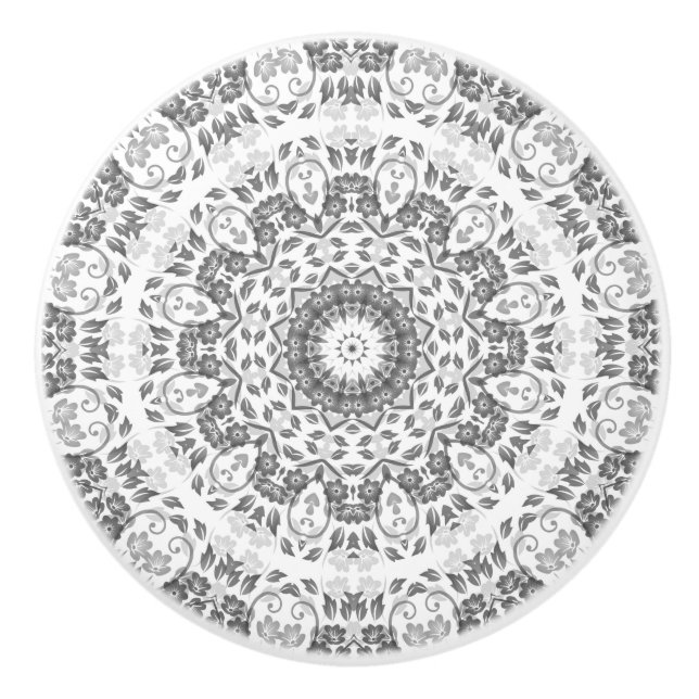 Grey White Floral Mandala Ceramic Knob (Front)