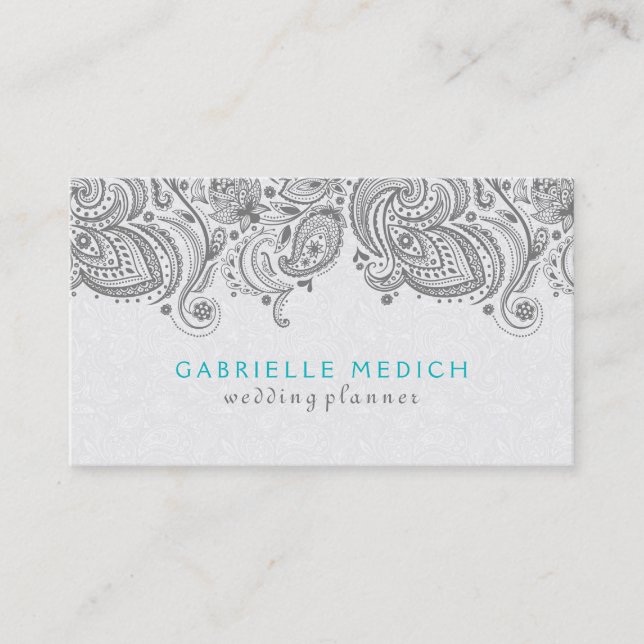 Grey & White Floral Paisley Lace Business Card (Front)