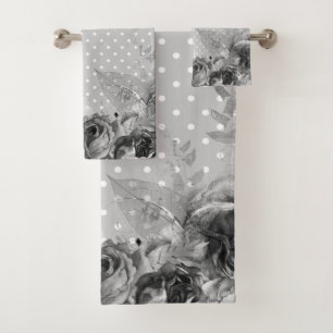 GREY WHITE FLORAL SPOT BATHROOM TOWEL SET