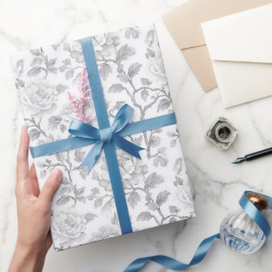 Grey White Floral Wedding Wrapping Paper