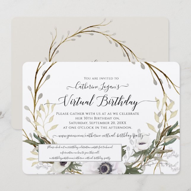 Grey White Floral Wreath Rustic Virtual Birthday Invitation (Front/Back)