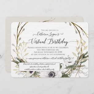 Grey White Floral Wreath Rustic Virtual Birthday Invitation