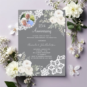 Grey white florals photo 25th wedding anniversary invitation
