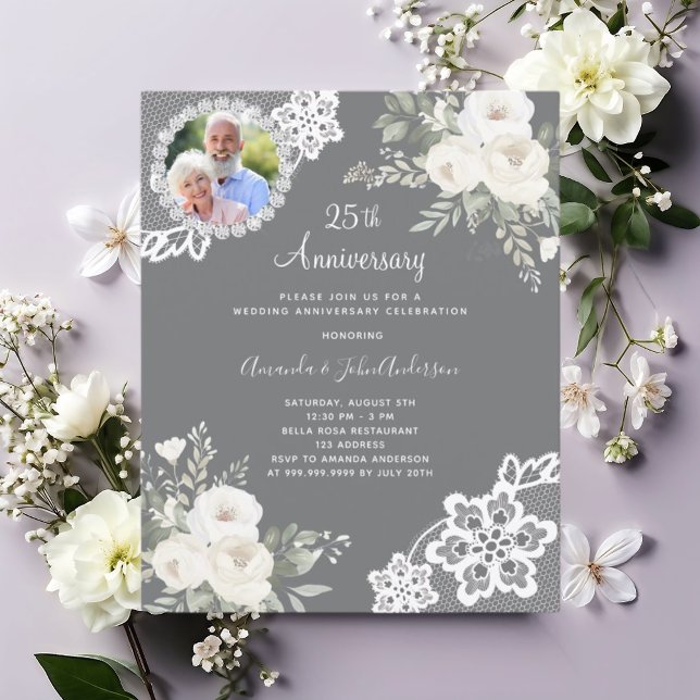 Grey white florals photo 25th wedding invitation (Creator Uploaded)