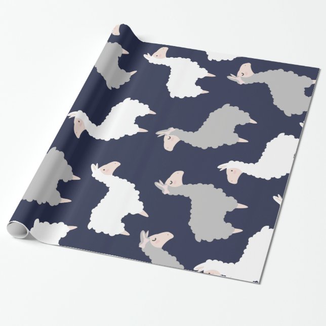 Grey & White Fluffy Llamas Wrapping Paper (Unrolled)
