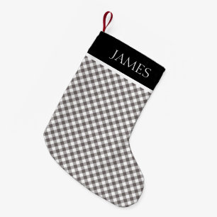 Grey White Gingham Black Collar Custom Name Small Christmas Stocking