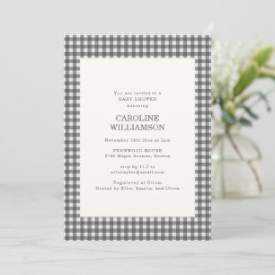 Grey White Gingham Check Plaid Fall Baby Shower Invitation
