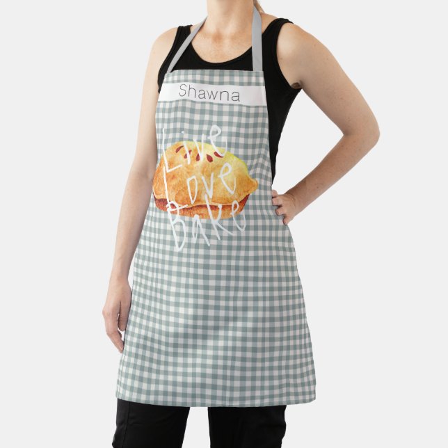Grey White Gingham Live Love Bake Personalised  Apron (Insitu)