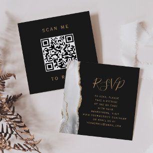 Grey White Gold Agate Dark Wedding QR Code RSVP Enclosure Card