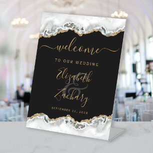 Grey White Gold Agate Dark Wedding Welcome Pedestal Sign