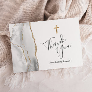 Grey White Gold Agate First Communion Thank You Card