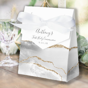Grey White Gold Agate Script First Communion Favour Box