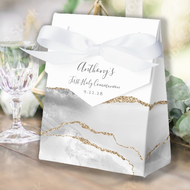 Grey White Gold Agate Script First Communion Favour Box (Creator Uploaded)