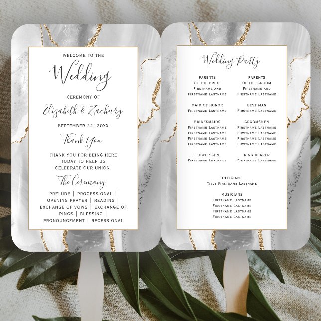 Grey White Gold Agate Wedding Program Hand Fan (Creator Uploaded)