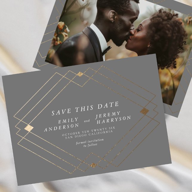 Grey & White | Gold Deco Lines Save The Date Announcement (Creator Uploaded)