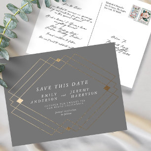 Grey & White Gold Deco Lines Save The Date Wedding Postcard