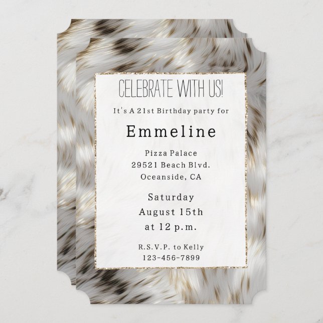 Grey White Gold Faux Fur Invitation (Front/Back)