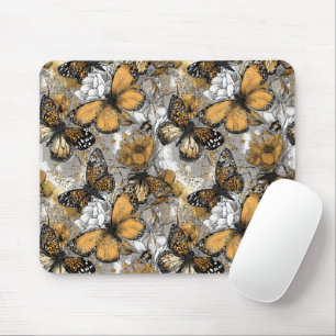 Grey White Gold Floral Butterflies Elegant Mouse Mat