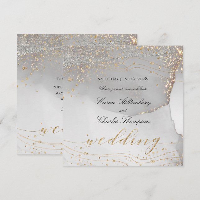 Grey White Gold Odyssey Elegant Sparkling Wedding Invitation (Front/Back)