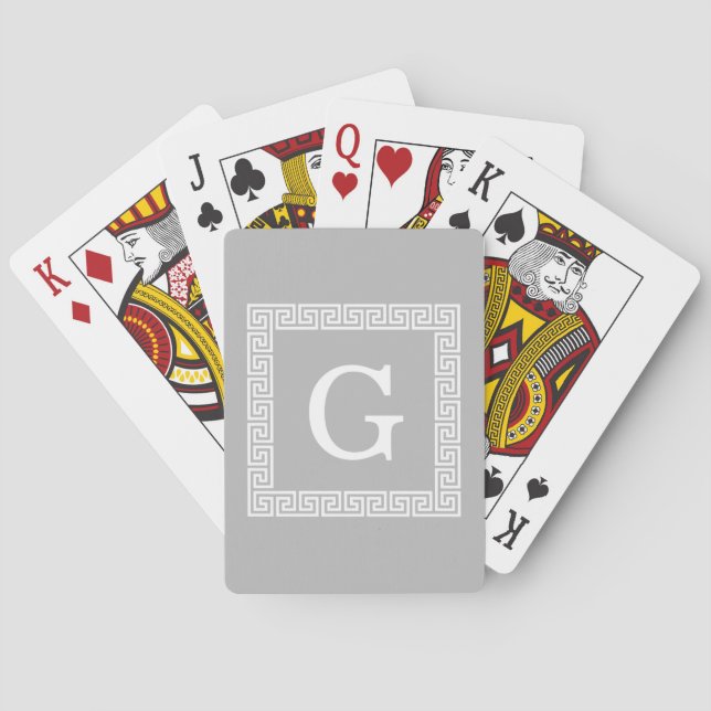Grey White Greek Key Frame #1 Initial Monogram Playing Cards (Back)