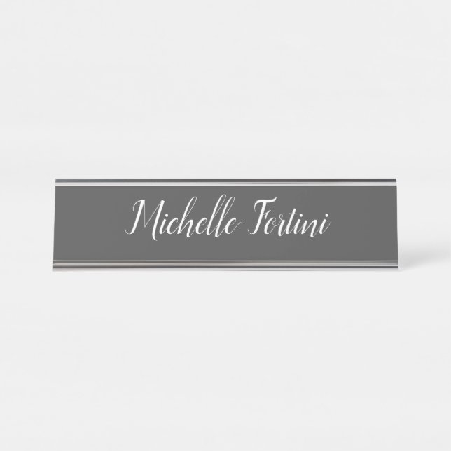 Grey White Handwriting Minimalist Plain Modern Desk Name Plate (Front)