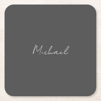 Grey White Handwritten Minimalist Your Name Square Paper Coaster