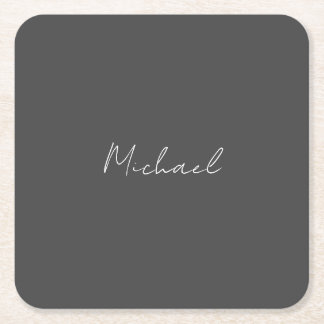 Grey White Handwritten Minimalist Your Name Square Paper Coaster