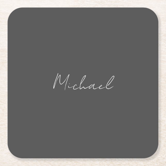 Grey White Handwritten Minimalist Your Name Square Paper Coaster (Front)