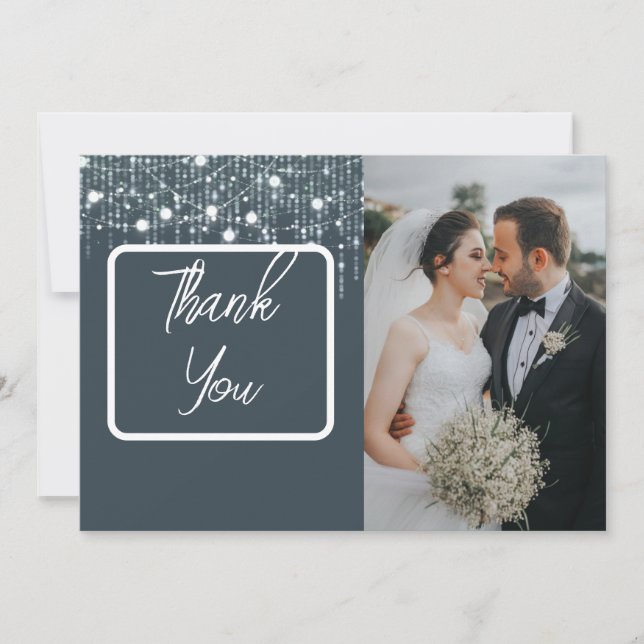 Grey & White Hanging Lights Photo Thank You Card (Front)