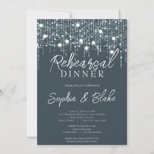 Grey & White Hanging Lights Rehearsal Dinner Invitation (Front)