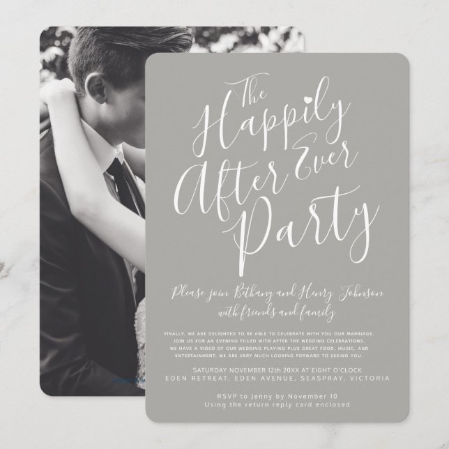 Grey white happily ever after wedding party invitation (Front/Back)