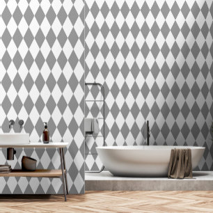 Grey White Harlequin Diamonds Pattern Design Wallpaper