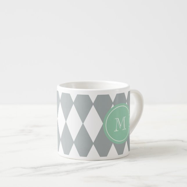 Grey White Harlequin Pattern, Mint Green Monogram Espresso Cup (Front Right)