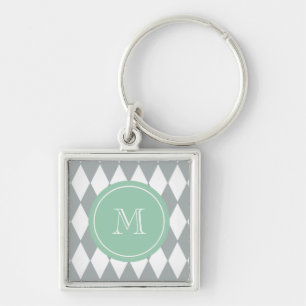 Grey White Harlequin Pattern, Mint Green Monogram Key Ring