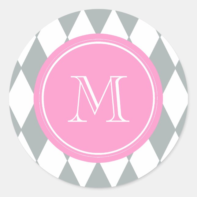 Grey White Harlequin Pattern, Pink Monogram Classic Round Sticker (Front)