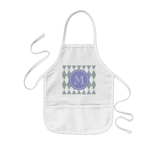 Grey White Harlequin Pattern, Violet Monogram Kids Apron (Front)